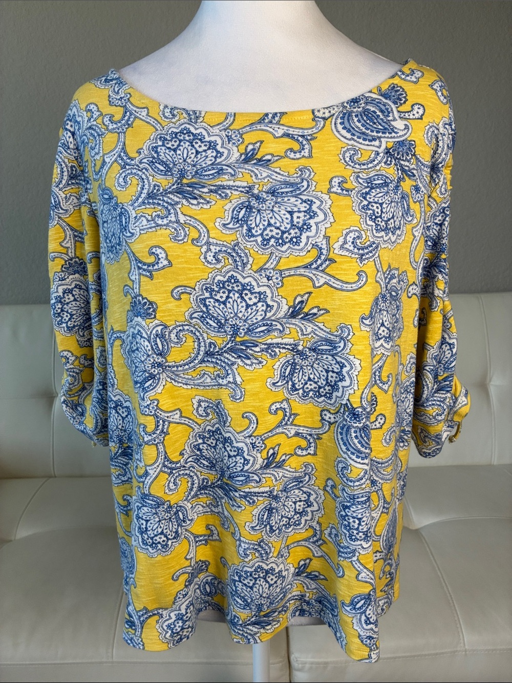 Rafaella Yellow Top with Blue Paisley Print Rouged 3/4 Sleeve